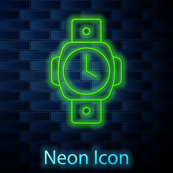 Leuchtende Neon-Linie Taucheruhr-Symbol isoliert auf Backsteinwand Hintergrund. Tauchausrüstung. Vektor — Stockvektor
