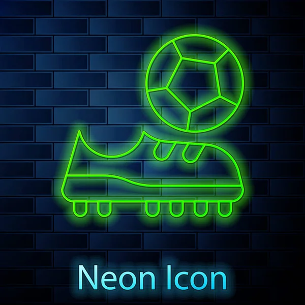 Glowing neon line Football shoes icon isolated on brick wall background. Soccer boots. Sport football foot protection. Vector — 图库矢量图片