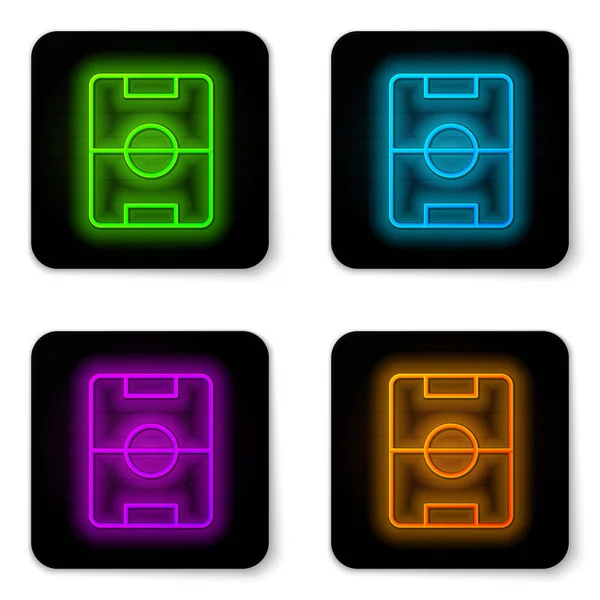 Glowing neon line Football or soccer field icon isolated on white background. Black square button. Vector — Stock Vector