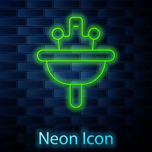 Leuchtende Neon-Linie Waschbecken mit Wasserhahn-Symbol isoliert auf Backsteinwand Hintergrund. Vektor — Stockvektor