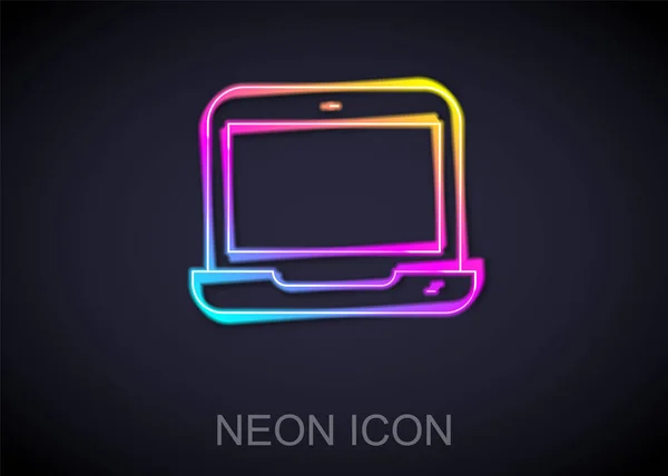 Ragyogó neon vonal Laptop ikon elszigetelt fekete háttér. Számítógépes füzet üres kijelzővel. Vektor — Stock Vector