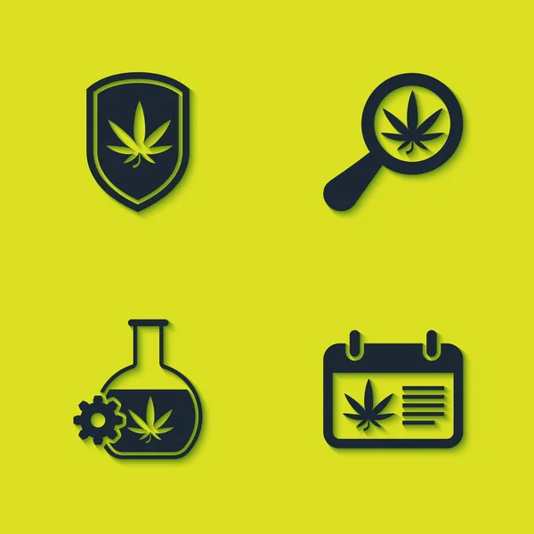 Kalkan ve marihuana, takvim, test tüpü ve büyüteç ikonu. Vektör — Stok Vektör