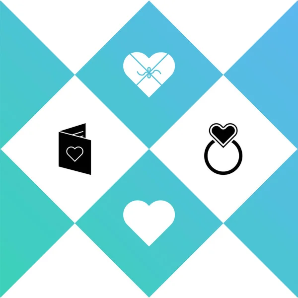 Set Valentinstag Flyer mit Herz, Herz, Süßigkeitenschachtel und Eheringe Ikone. Vektor — Stockvektor