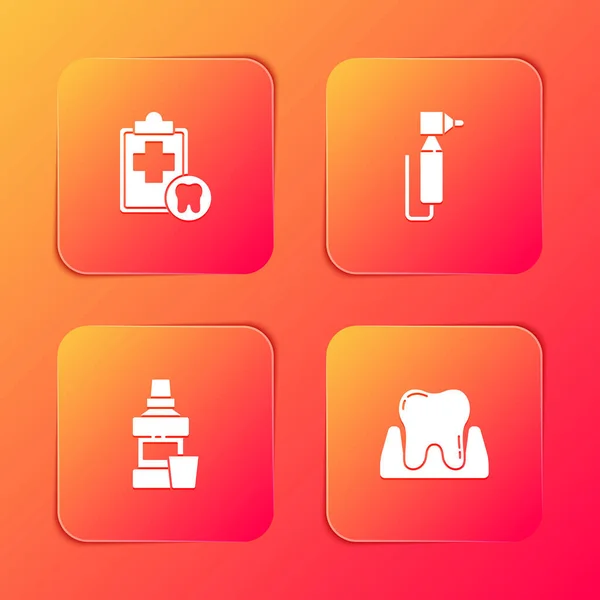 Set Tarjeta dental, taladro de dientes, botella de enjuague bucal e icono. Vector — Vector de stock