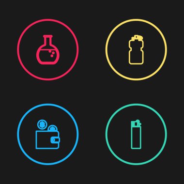 Cüzdanı bozuk para, çakmak, spor şişe suyu, test tüpü ve şişe ikonu ile ayarla. Vektör