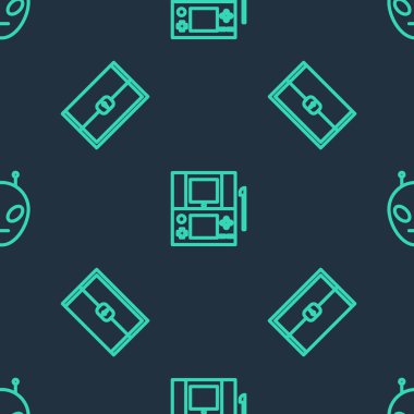 Satır Portable video oyun konsolu, Göğüs for ve Yaratık 'ı pürüzsüz desene ayarlayın. Vektör