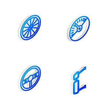 Isometric hattı hız göstergesi, araba tekerleği, direksiyon ve kamyon yan ayna simgesini ayarla. Vektör