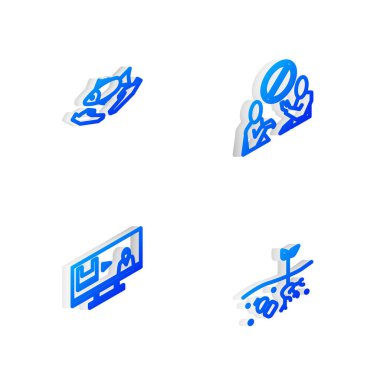 Isometric hattını plastik kirliliği, balık bakımını ve gezegen ikonu sorununu durdurun. Vektör