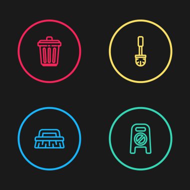 Temizlik için sıra fırçasını, ıslak zemini ve gelişimi, tuvalet fırçasını ve çöp kutusu simgesini ayarla. Vektör