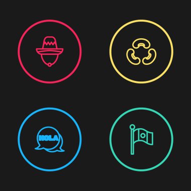 Hola, Meksika bayrağı, fasulye ve Meksika sombrero ikonu. Vektör