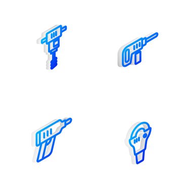 Isometric hattı elektrikli matkap, elektrikli el beton karıştırıcı, kablosuz tornavida ve açılı öğütücü simgesini ayarla. Vektör
