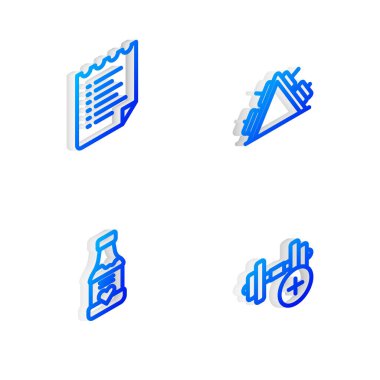 Isometric line Metal rafını ağırlık, spor eğitim programı, vitaminler ve Dumbbell ikonu ile ayarla. Vektör