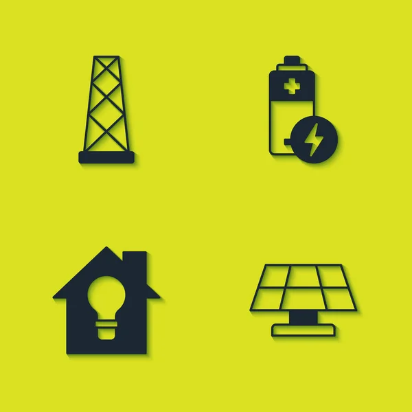 Set Antenna, Solar energy panel, Smart house and light bulb and Battery icon. Vector — Stock Vector