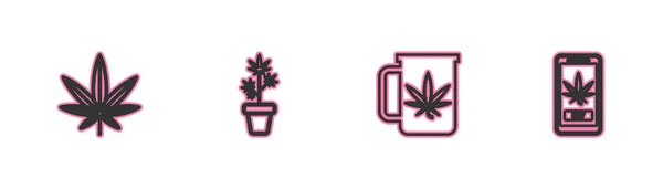 Zestaw linii Marihuana lub liść konopi, Herbata filiżanka z marihuaną, roślina w puli i ikona kupna online. Wektor — Wektor stockowy