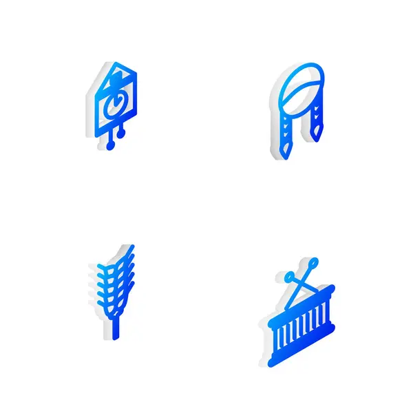 Set Isometric line Braid, Retro wall watch, Wheat and Musical drum and sticks icon. Vector — Stock Vector