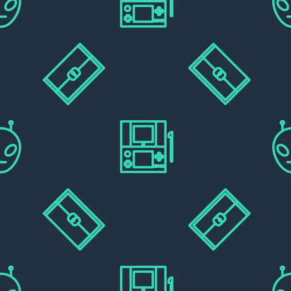 Set line Portable video game console, Chest for and Alien on seamless pattern. Vector — 图库矢量图片