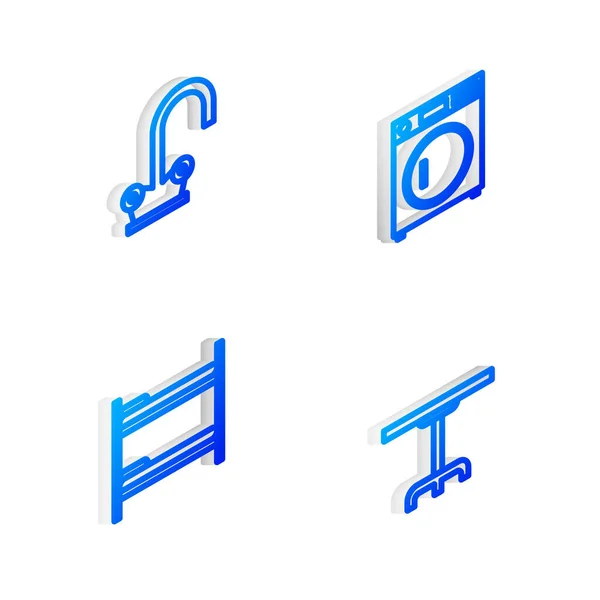 Set Isometrische lijn Wasmachine, Waterkraan, stapelbed en ronde tafel icoon. Vector — Stockvector