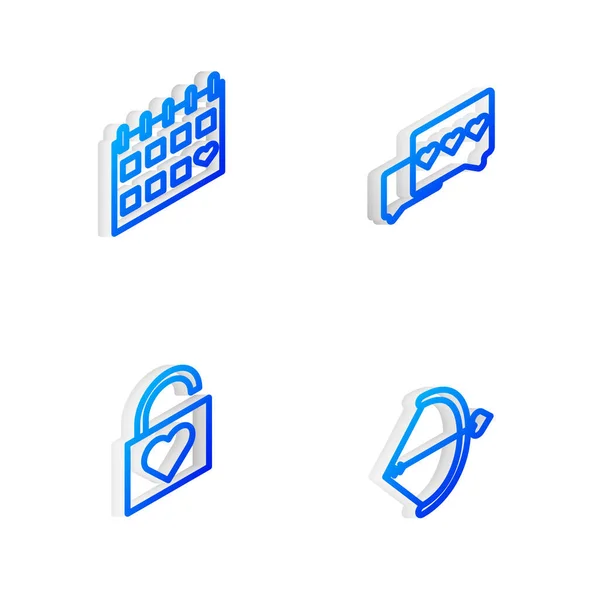 Set Isometric line Like and heart, Calendar with, Lock and Bow arrow icon. Vector — Stock vektor