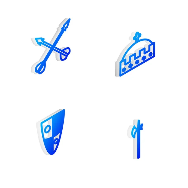 Set Isometric ligne Roi couronne, médiévale croix flèches, Bouclier et hallebarde icône. Vecteur — Image vectorielle