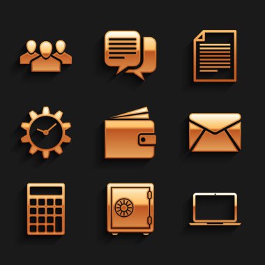 Cüzdan, Güvenli, Laptop, Zarf, Hesap Makinesi ve Zaman Yönetimi simgesini ayarla. Vektör