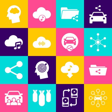 Set Araba Paylaşımı, Paylaşım dizini, Ağ, Müzik Yayını Servisi ve simgesi. Vektör