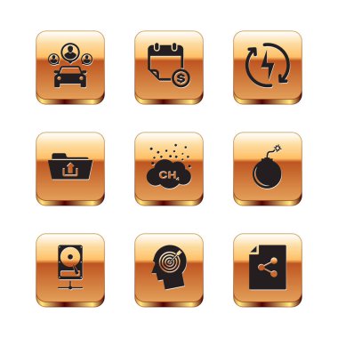 Araç paylaşımını ayarla, sabit disk sürücüsü, kafa avcılığı konsepti, metan emisyon azaltma, Dizin yükleme ve yeniden şarj etme simgesi. Vektör