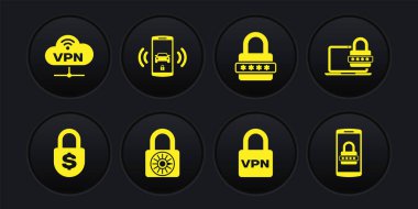 Para kilidini ayarla, şifreli dizüstü bilgisayar, güvenli kombinasyon tekerleği, VPN kilidi, şifre koruması ve Smart car alarm ikonu. Vektör
