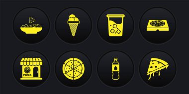 Pizzeria binası cephesi, pizza karton kutusu, bir şişe su, bir bardak su, dondurmalı waffle külahı, dilimlenmiş pizza ve Nachos tabağı ikonu. Vektör