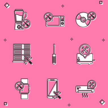 Blender servisini, Mikrodalga fırını, CD veya DVD diski, Veritabanı sunucusu, Tornavida, Toaster, Smartwatch ve Smartphone simgesini ayarla. Vektör