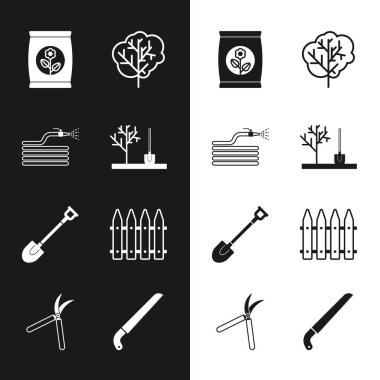 Toprağa ağaç dikin, bahçe hortumu ya da yangın hortumu, gübre torbası, ağaç, kürek, çit, testere ve bahçe el yapımı makas ikonu. Vektör