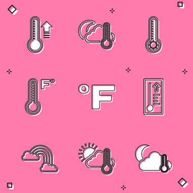 Meteoroloji termometresini, termometreyi ve bulutu, ayı, Fahrenheit 'i, gökkuşağını bulutlu ve güneş ikonlu ayarla. Vektör