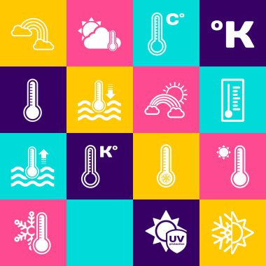 Güneş ve kar tanesi, Meteoroloji termometresi, Su, Gökkuşağı bulutları ve güneş ikonu. Vektör