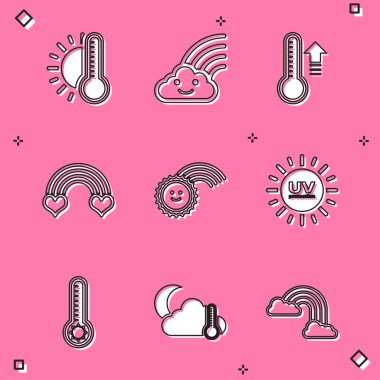 Termometreyi güneş, gökkuşağı bulutu, meteoroloji termometresi, kalp, ultraviyole koruma ve ay ikonu ile ayarla. Vektör