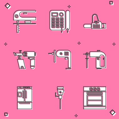 Elektrikli yap-boz, telefon, elektrikli testere, çivi tabancası, matkap ve Rotary çekiç ikonu. Vektör