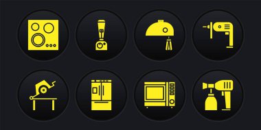 Tahta testeresi, elektrikli matkap, buzdolabı, mikrodalga fırın, mikser ve mikser simgesi. Vektör