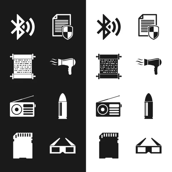 Set Hair dryer, Paper scroll, Bluetooth connected, Document protection, Radio and Bullet icon. Vector — Vetor de Stock