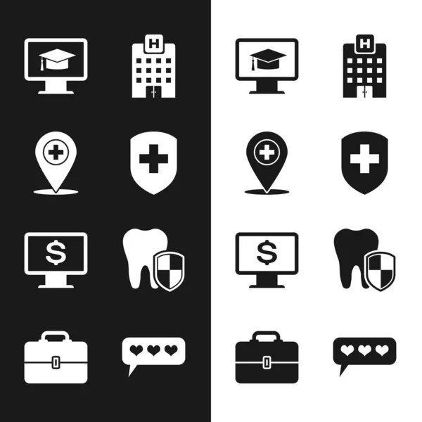Set Medisch schild met kruis, locatie, Monitor graduatie cap, ziekenhuis gebouw, dollar en tandheelkundige bescherming pictogram. Vector — Stockvector