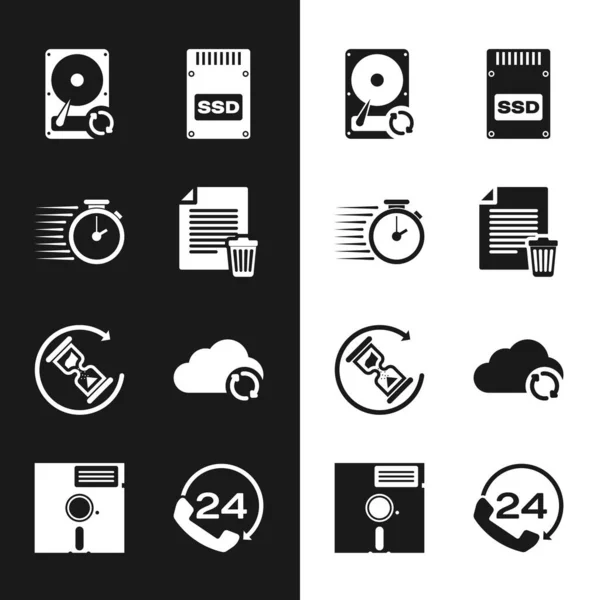 Set Verwijderen bestand document, Stopwatch, Harde schijf HDD sync vernieuwen, SSD-kaart, Waiting en Cloud pictogram. Vector — Stockvector