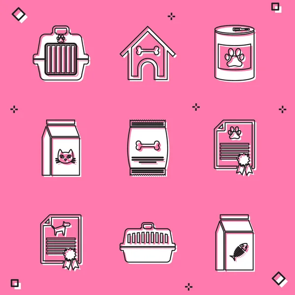 Set Pet carry case, Dog house and bone, Canned food, Bag of for cat, pet and Certificate dog icon. Vector — Stock Vector