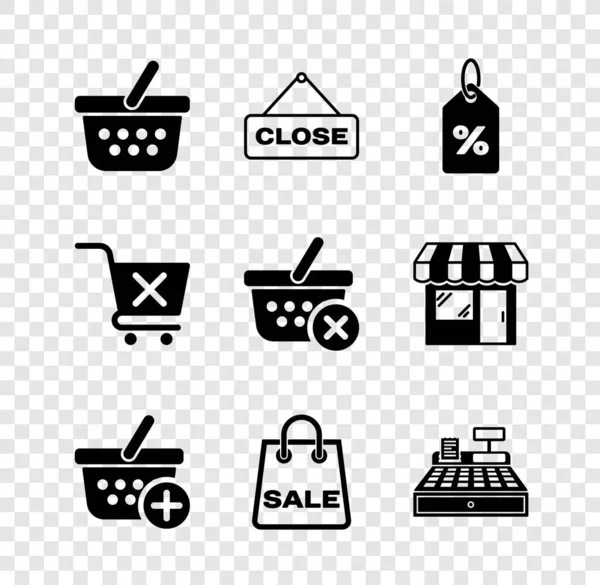 Set Shopping basket, Hanging sign with Close, Discount percent tag, Add to, bag Sale, Cash register machine, Remove shopping cart and icon. Vector — Vettoriale Stock