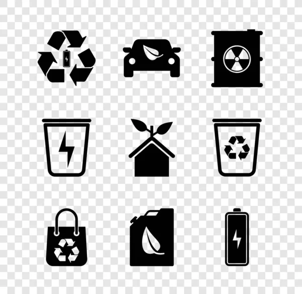 リサイクルバッテリー、エコカードライブリーフ、バレルの放射性廃棄物、ショッピングバッグ、バイオ燃料キャニスター、ライトニングゴミ、フレンドリーな家のアイコンを設定します。ベクトル — ストックベクタ