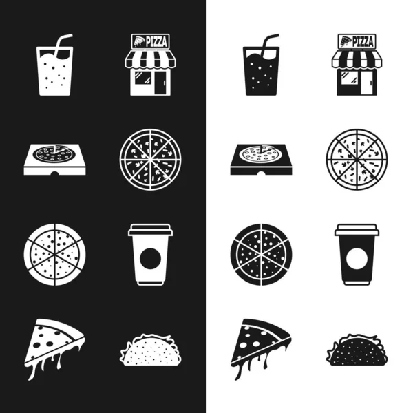 Set Pizza, karton kutuda, bardakta su, Pizzeria binası cephesi, kahve fincanı, Taco tortilla ve dilimlenmiş pizza ikonu. Vektör — Stok Vektör