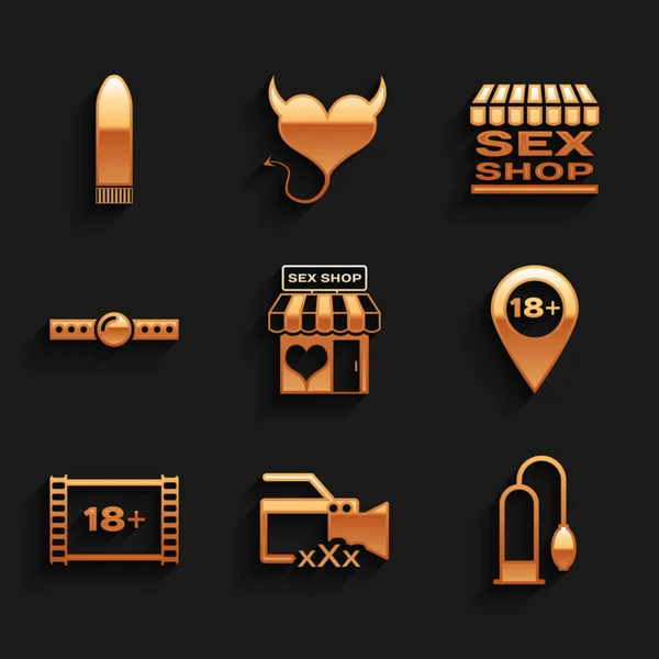 Set Sex shop building, Video camera with, Penis pump, Location 18 plus, Play, Silicone ball gag, and Dildo vibrator icon. Vector — Image vectorielle