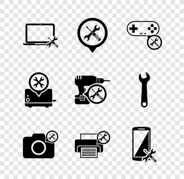 Ustaw usługę Laptop, Lokalizacja, Gamepad, Kamera fotograficzna, Drukarka, Smartphone, Toster i wiertarka ikona. Wektor — Wektor stockowy