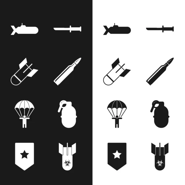 Set Bullet, Aviation bomb, Submarine, Military knife, Parachute, Hand grenade, Biohazard and Chevron icon. Vector — Stock vektor