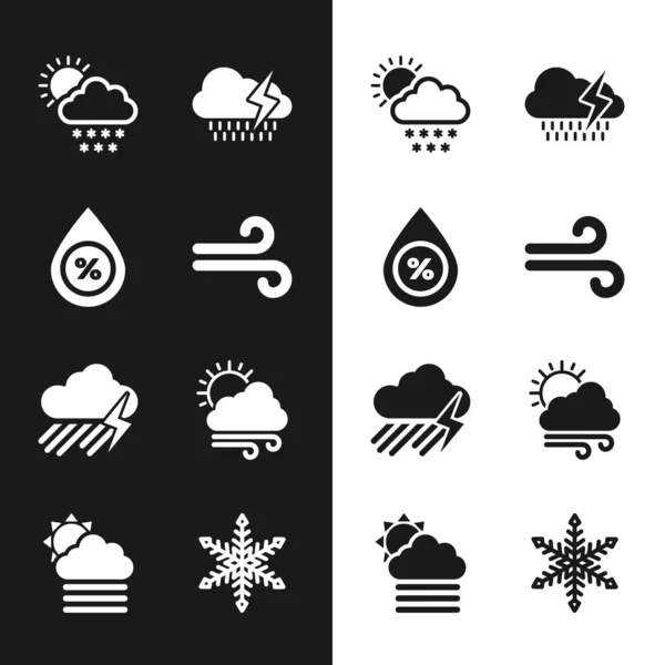 Set Wind, Water drop percentage, Cloud with snow and sun, rain lightning, and Windy weather icon. Vector — Stock Vector