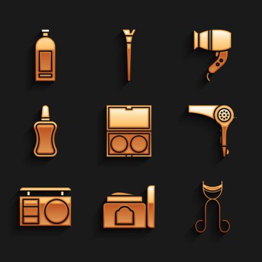 Makyaj tozunu ayna, krem kozmetik tüpü, kirpik bigudi, saç kurutma makinesi, gölge paleti, tırnak cilası şişesi ve şampuan ikonu ile ayarla. Vektör