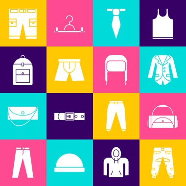 Kamuflaj kargo pantolonu, spor çanta, Blazer ceket, kravat, erkek iç çamaşırı, sırt çantası, kısa ve kış şapkası ve kulaklık simgesi. Vektör