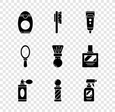 Şampuan şişesi, saç fırçası, elektrikli saç kesme makinesi ya da traş makinesi, atomla tıraş losyonu şişesi, klasik berber dükkanı direği, kuaför tabancası spreyi, el aynası ve tıraş ikonu. Vektör