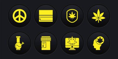Cam bong marihuana, marihuana, kenevir yaprağı, tıbbi şişe, monitör ve, Kalkan, rulo kağıt, kafa ve barış ikonu. Vektör